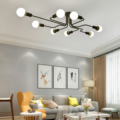 8-Light Flush Mount Chandelier Industrial Style Spread Shape Metal Ceiling Light Fixture