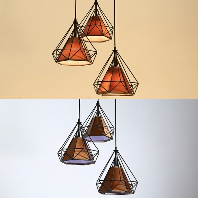 Contemporary Diamond Form Pendant Industrial Living Room Bedroom 3 Bulb Fabric Shade Hanging Lamp