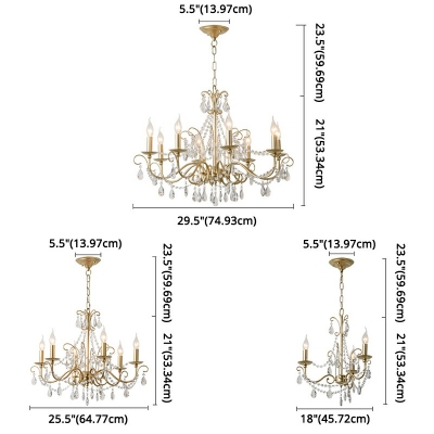 Countryside Style Candlestick Chandelier Light Gold Metal Hanging Pendant Light with Crystal for Sittimg Room