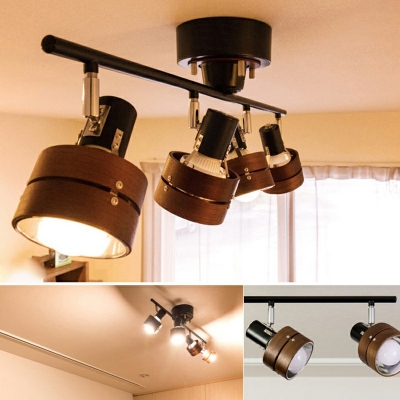 Cylinder Living Room Ceiling Track Lighting Wood Modernism Semi Flush Light Fixture 4 Light