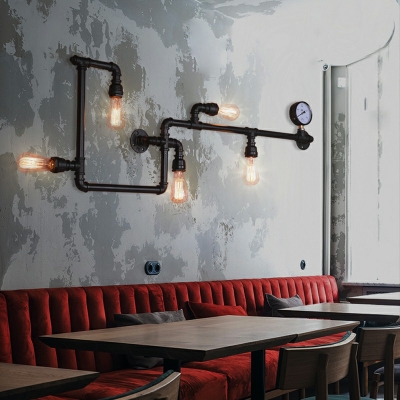 Industrial Style Pipe Wall Lamp Metal 5 Light Wall Light in Rust for Restaurant