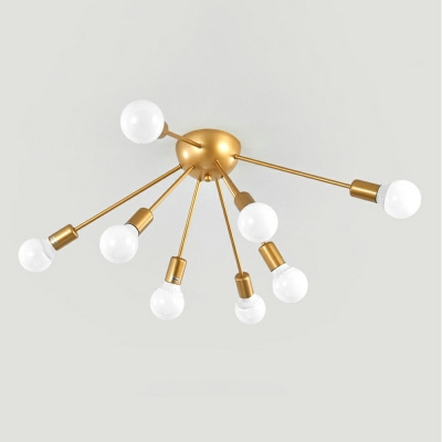 Industrial Style Sputnik Shaped Semi Flush Mount Light Metal 8 Light Ceiling Light in Black and Gold