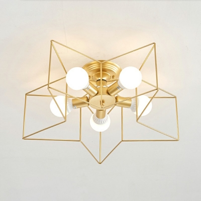 Industrial Style Star Shaped Semi Flush Mount Light Metal 5 Light Ceiling Light