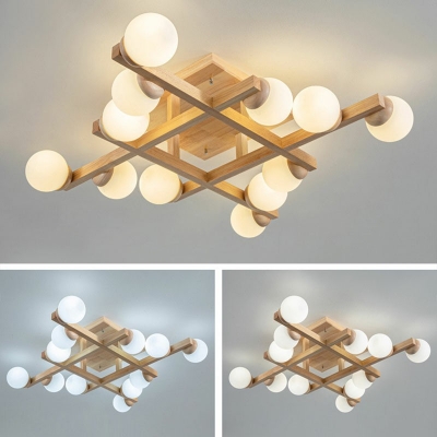 Modern Style Semi Flush Mount Light Wood 12 Light Ceiling Light for Living Room