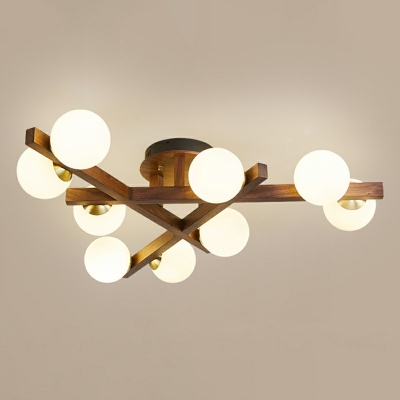 Post-Modern Style Globe Glass Lampshade Wooden Flush Ceiling Lights for Living Room