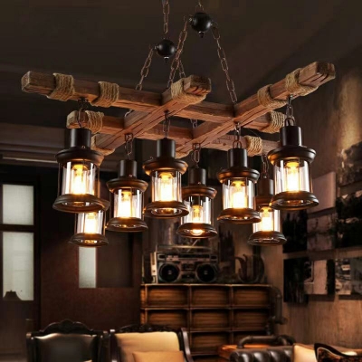 Retro Style 8 Lights Wooden Chandelier Brown Suspension Light for Coffee Shop with Glass Shade