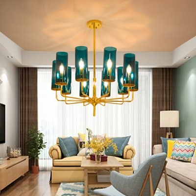 10 Lights Living Room Chandelier Pendant Light Modern Style Blue Ceiling Lamp with Cylinder Shade