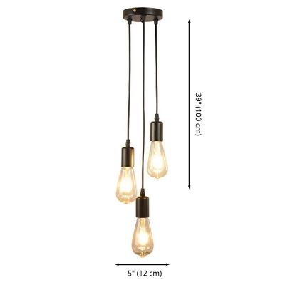 3-Light Pendant Hardware Industrial Style Bare Bulb Metallic Hanging Lamps