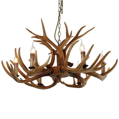Antler Resin Chandelier Lamp Traditional 6 Lights Dining Room Pendant Lighting in Light Wood without Shade