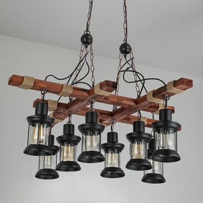 Industrial Style 8 Lights Black Chandelier Wood Shaded Hanging Chandelier Light for Restaurant