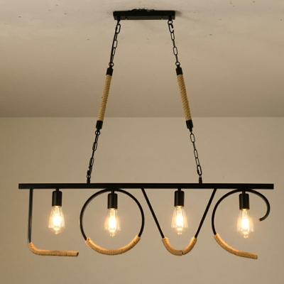 Industrial Style Island Pendant Metal Natural Rope 4 Light Island Light in Black for Restaurant