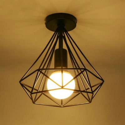 Industrial Style Wire Cage Shaped Semi Flush Mount Light Metal 1 Light Ceiling Light in Black for Coffee Shop