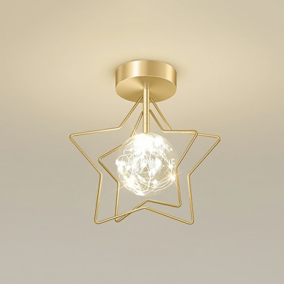 Minimalist Simplicity Style 1 Bulb Star Cage Semi Flush Light Glass Fixture in Gold for Living Room