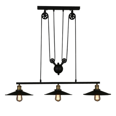 Pulley 3 Head Billiard Light in Balck Cone Shade with Wire for Pool Table Kitchen Island