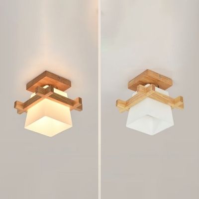 Square Flush Ceiling Light Chinese Modern Wood and Glass Shade Light for Living Room, 7