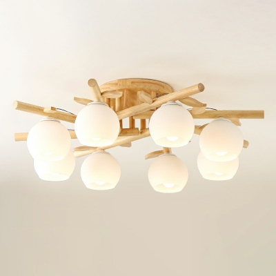 White Sphere Glass Flush Mount Lamp Modern Simplistic Wooden Indoor Semi Flush Chandelier