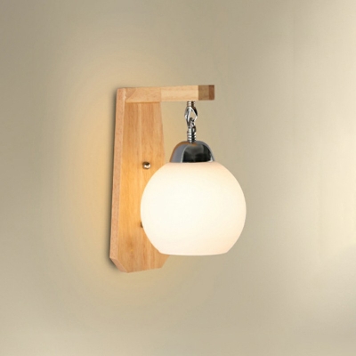 Wooden Ball LED Wall Sconce 1 Head Minimalist Wall Mounted Lamp with White Glass
