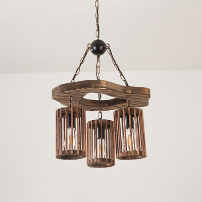 3-Light Caged Pendant Lights Country Distressed Wood Hanging Light Fixtures for Dining Room