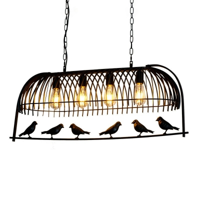 4-Bulb Industrial Style Black Island Light Mental Island Pendant Light with Open Cage