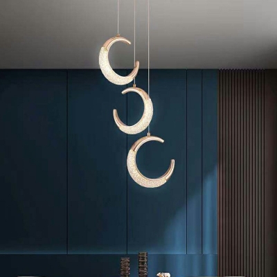 Contemporary Minimalism Style Moon Shape Suspension Light LED Acrylic Hanging Lamp Fixture in Gold
