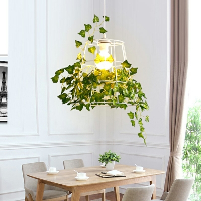 Industrial Caged Pendant Light Metal 1 Light Plants Decorative Hanging Lamp in White for Coffee Shop and Restaurant