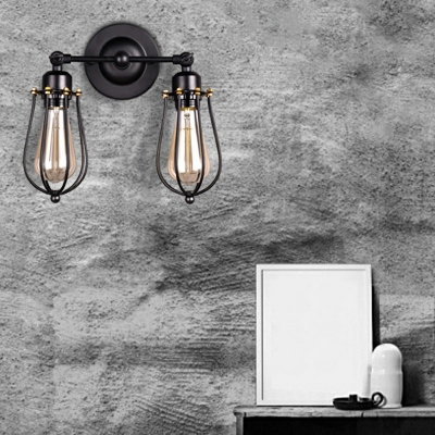 Industrial Iron Tubular Cage 2 Lights 12.5 Inchs Length in Black LED Wall Sconce for Corridor