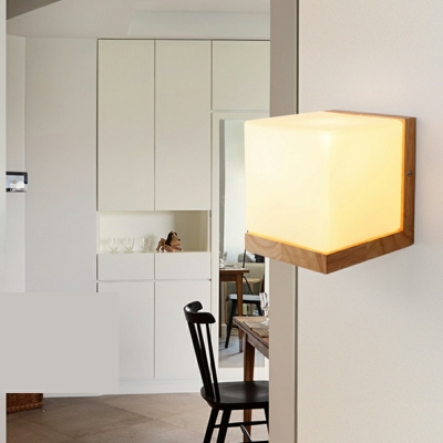 Modern Simplicity Single Light Square Wall Lamp Wood Bedroom Living Room Wall Mount Lighting