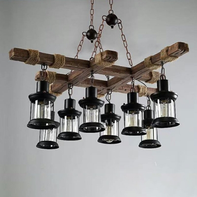 Retro Style 8 Lights Wooden Chandelier Brown Suspension Light for Coffee Shop with Glass Shade