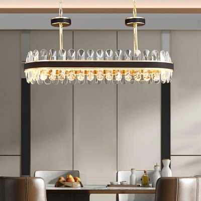 Rounded Pendant Lamp Modern Textured Crystal LED Dining Room Island Light Fixture in Black