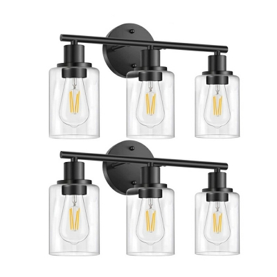 3 Lights Cylinder Shade Wall Light American Vintage Metal and Glass Sconce Light in Black