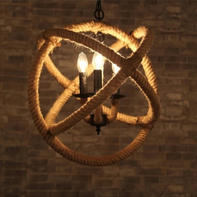 3 Lights Rope Suspension Light Beige Ring Hanging Lamp Loft Pendant Chandelier for Dining Room