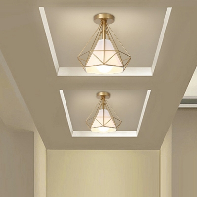 Diamond Cage Semi Flush Mount Light Industrial 1 Head Iron Ceiling Light for Living Room