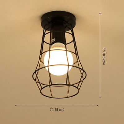 Industrial Style Wire Cage Shade Semi Flush Mount Light Metal 1 Light Ceiling Light in Black for Porch