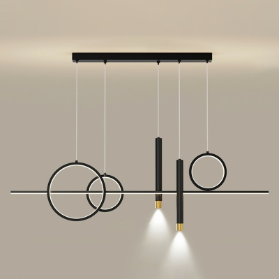 Modernist Metallic Circle and Linear Island Light 6 Head Suspension Pendant for Dining Room