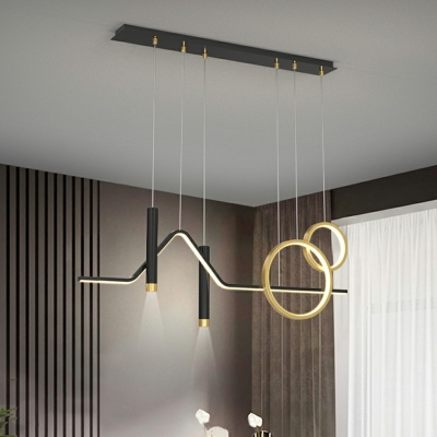 Simplicity Metalline Ring and Linear Island Light Fixture in Black-Gold Hanging Lamp for Dining Room
