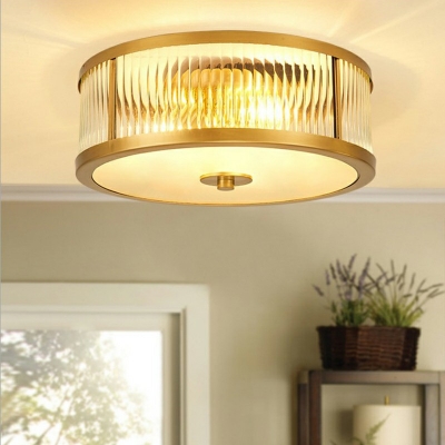 Traditional Style Golden Drum Shaped Ribbed Glass Ceiling Light for Living Room