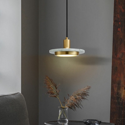 1 Light Round Plate Shade Hanging Light Modern Style Stone Pendant Light for Living Room