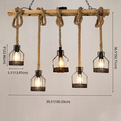 5 Light Island Ceiling Light Industrial Style Beam Shape Natural Rope Pendant Lights