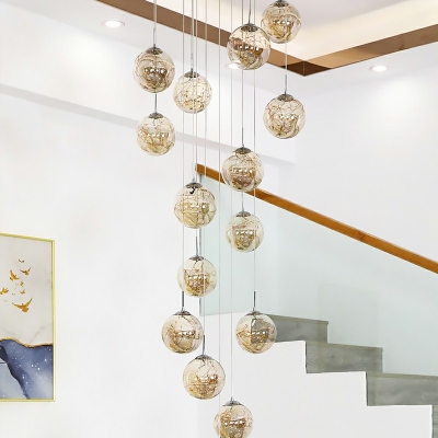 Modern Style LED Pendant Light 15 Lights Glass Globe Loft Hanging Light for Stairs