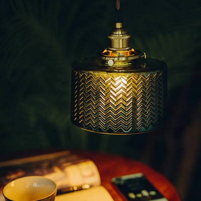 Retro Green Corrugated Lamp Ribbed Glass Drum Hanging Pendant Light
