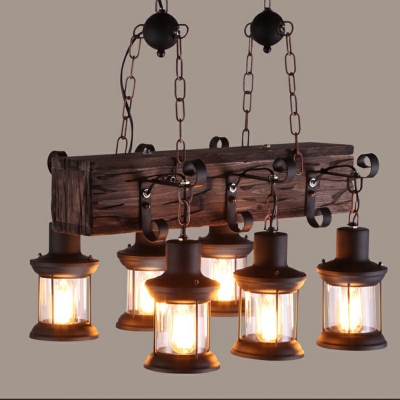 6-Light Pendant Lights Antique Style Rectangular Shape Wood Ceiling Hung Fixtures
