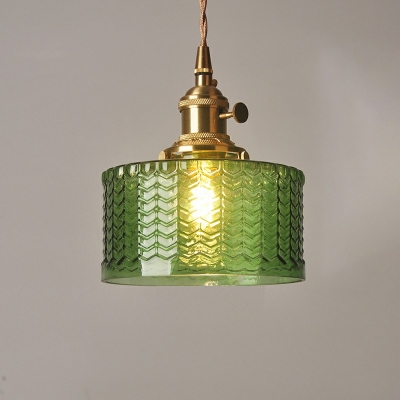 Vintage Glass Pendant Lights Ribbed Glass Drum Hanging Light Fixture