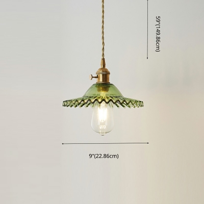 1 Light Antique Ribbed Glass Pendant Light Fixture Warm Brass Hanging Light