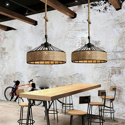 1-Light Pendant Lighting Industrial-Style Drum Shape Rope Hanging Ceiling Light