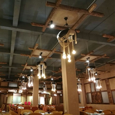 6 Light Ceiling Hung Fixtures Industrial Style Tyre Shape Natural Rope Hanging Lamps