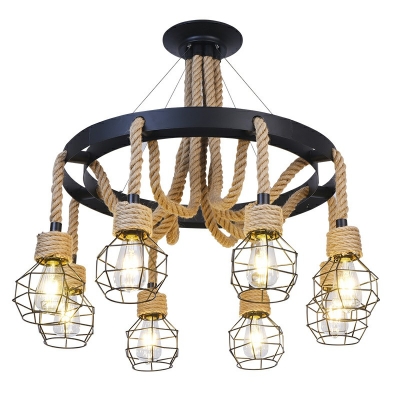 8 Light Island Lighting Ideas Industrial Style Caged Shape Rope and Steel Hanging Lamps