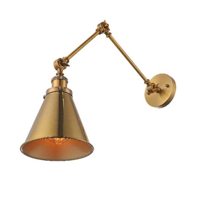 Brass 1Lt Cone Industrial Wall Light With Adjustable Arm for Living Room Bedside Hallway