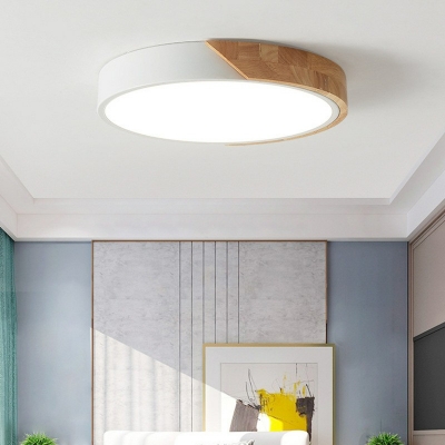 1-Light Flush Light Fixtures Minimalism Style Round Shape Metal and Wood Ceiling Mounted Light
