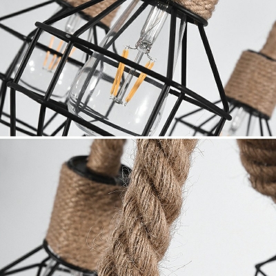 8 Light Island Lighting Ideas Industrial Style Caged Shape Rope and Steel Hanging Lamps