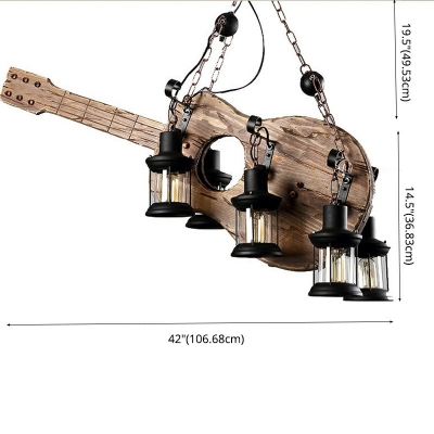 American Style LED Chandelier Light 6 Lights Navigation Style Retro Wood Guitar Shaped Pendant Light for Bar